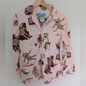 Nick & Nora Women's Small Cotton Sock Monkey Baking Bowling TV Pajama Top Pink
